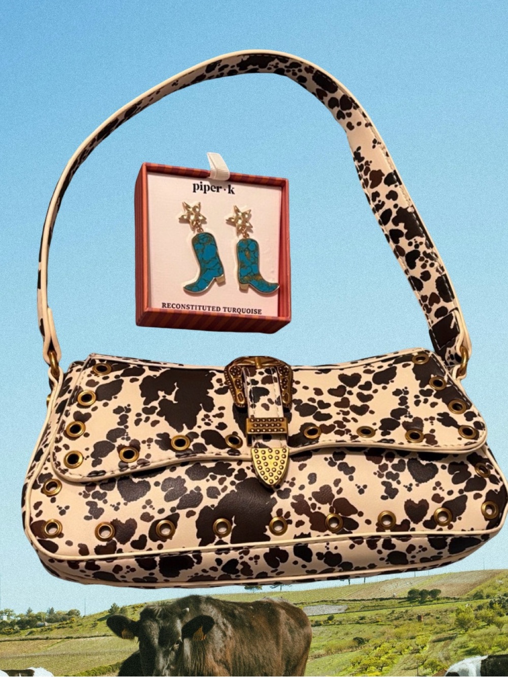 Betsey Johnson Black and Cream Shoulder Bag and Piper K boot earrings